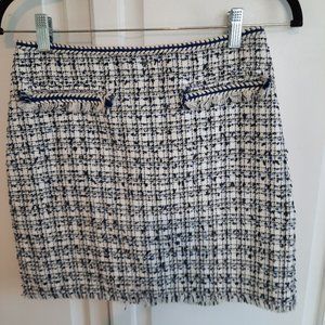 H&M navy, white and black tweed texturized mini skirt with fringe, size 6